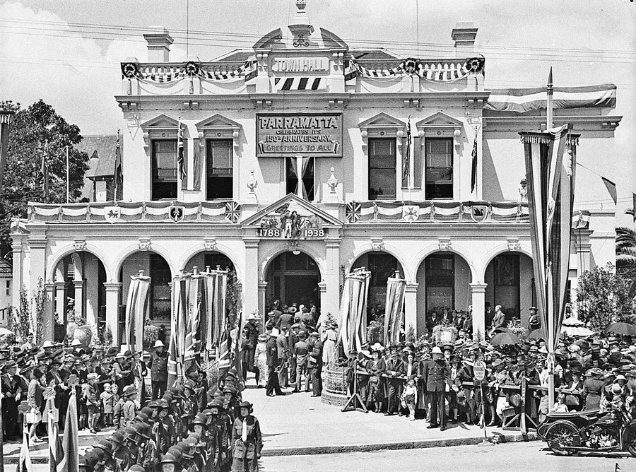 Parramatta Town Hall decorated for the 1938 Sesquicentenary — photograph, from Parramatta Town Hall