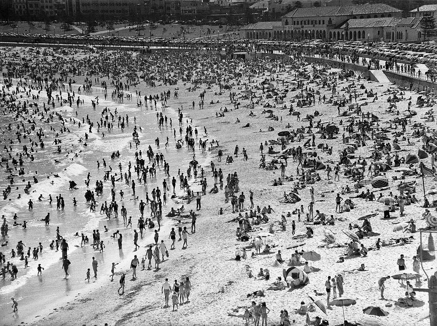 Crowds at Bondi Beach below the Pavilion — photograph, from Bondi Beach, 1950