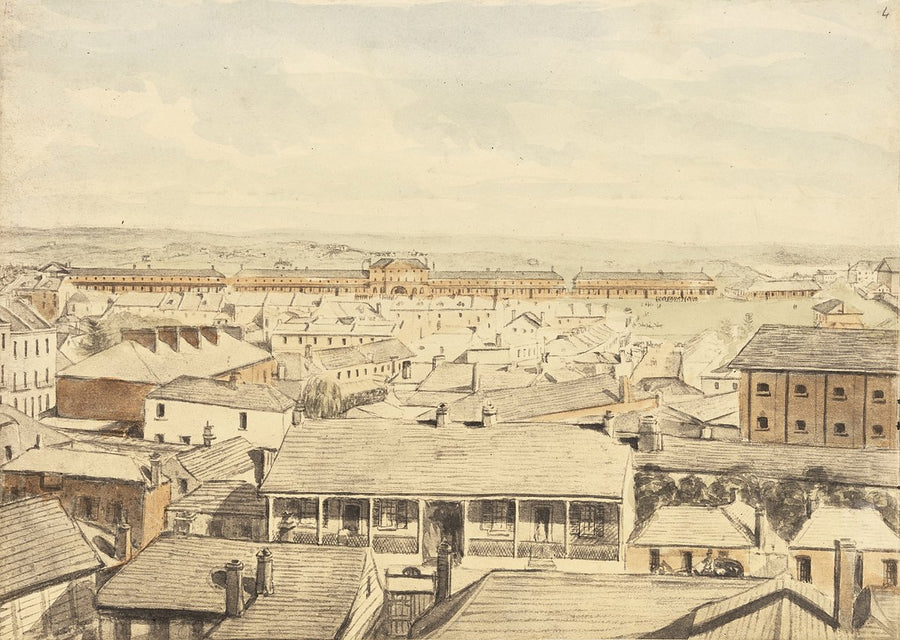 Military Barracks, George Street — later Wynyard Square — illustration, from Wynyard, 1842