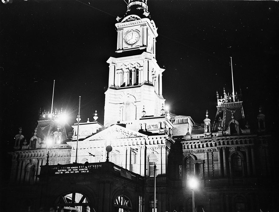 Sydney Town Hall lit for the Electrical and Radio Exhibition — photograph, from Sydney Town Hall, 1930