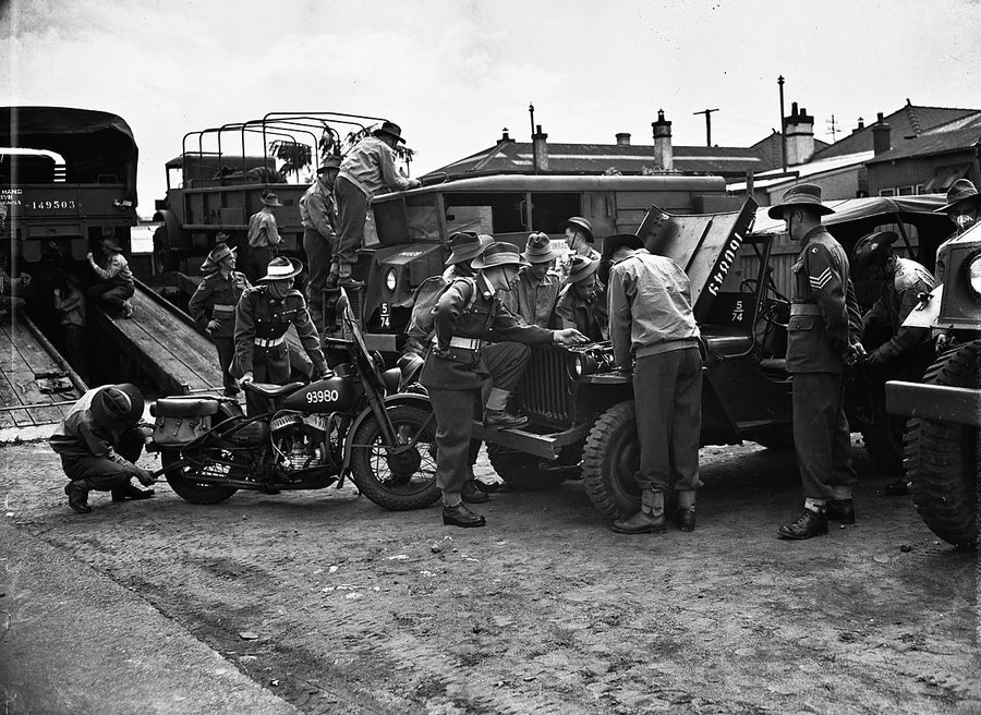 First-day army recruits around jeeps and a motorcycle, Marrickville depot — photograph, from Marrickville, 1948