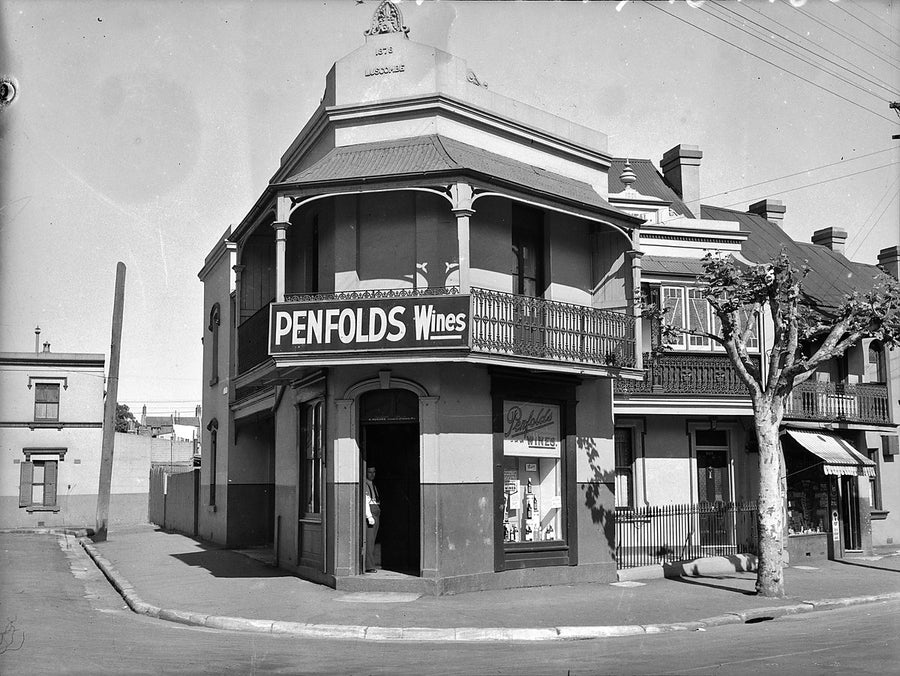 Penfolds Wines corner shopfront, parapet dated 1878 — photograph, c. 1936