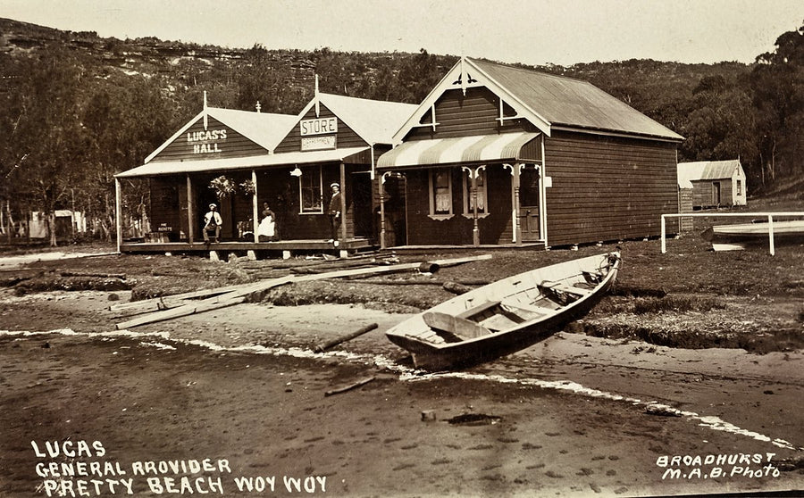 Lucas's General Provider store and hall, Pretty Beach, Woy Woy — photograph, from Pretty Beach, c. 1900–27