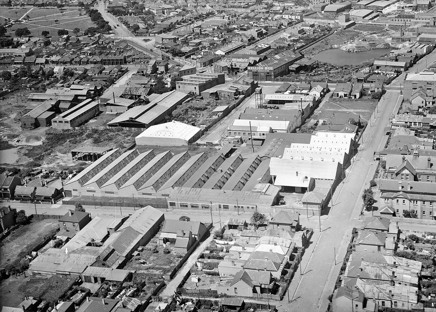 Aerial view over an industrial and terraced-housing district — photograph, from Marrickville, after 1935