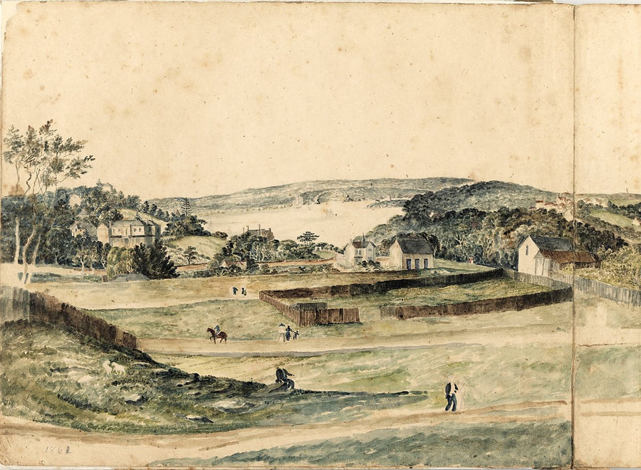 Paddocks and houses above Sydney Harbour — illustration, 1861