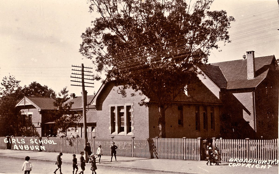 Girls School, Auburn, on its fenced street frontage — photograph, from Auburn, c. 1900–27
