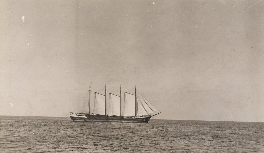 Multi-masted schooner under sail at sea — photograph, from Sydney, after 1888