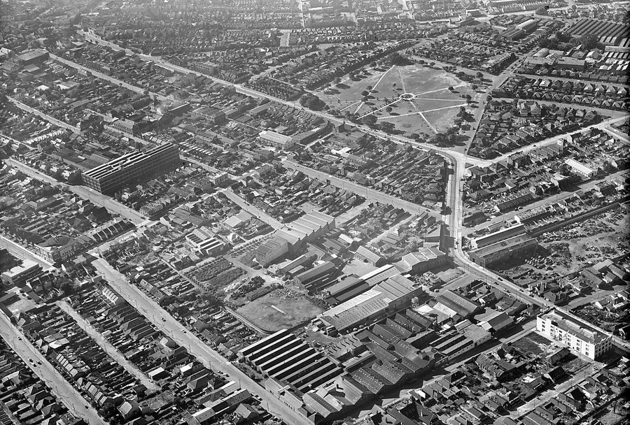 Terrace grid, factories and a park from the air, Marrickville — photograph, from Marrickville, after 1935