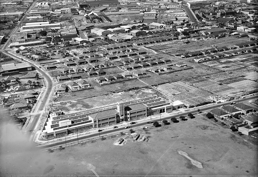 Aerial view over a factory and market gardens, Mascot — photograph, from Mascot, 1940s