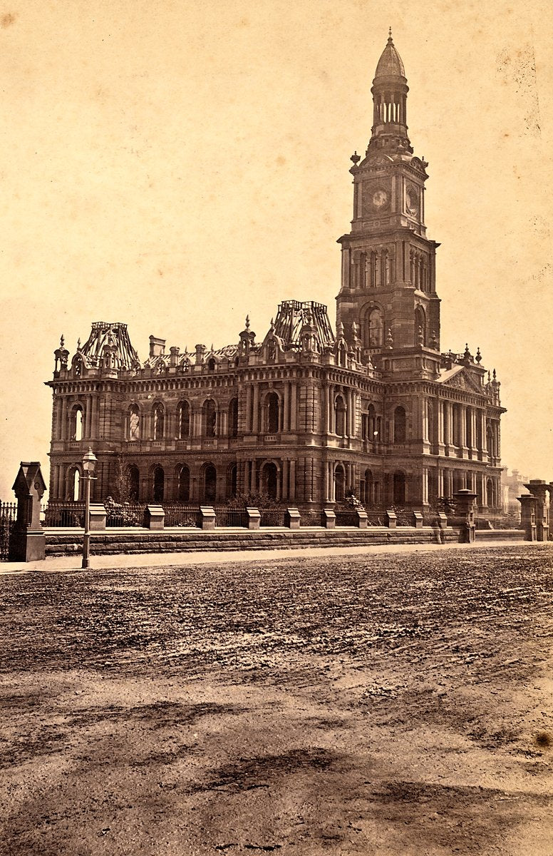 Sydney Town Hall under construction, clock tower complete — photograph, from Sydney Town Hall, c. 1875