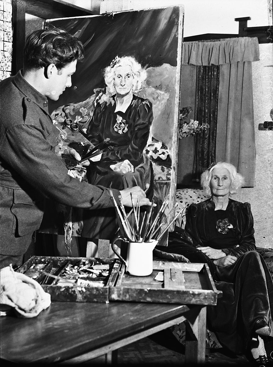 Soldier Painting a Portrait, Army Educational School, Marrickville — photograph, from Marrickville, 1942