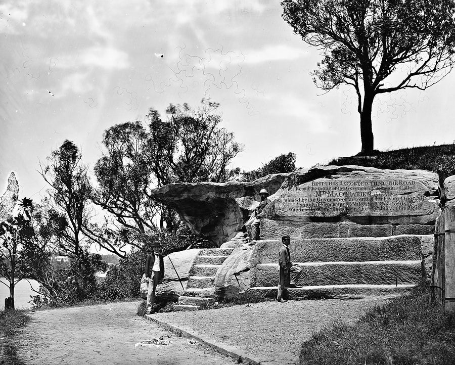 Inscribed rock at Mrs Macquarie's Road, Sydney Domain — photograph, from Mrs Macquarie's Chair, 1870–75