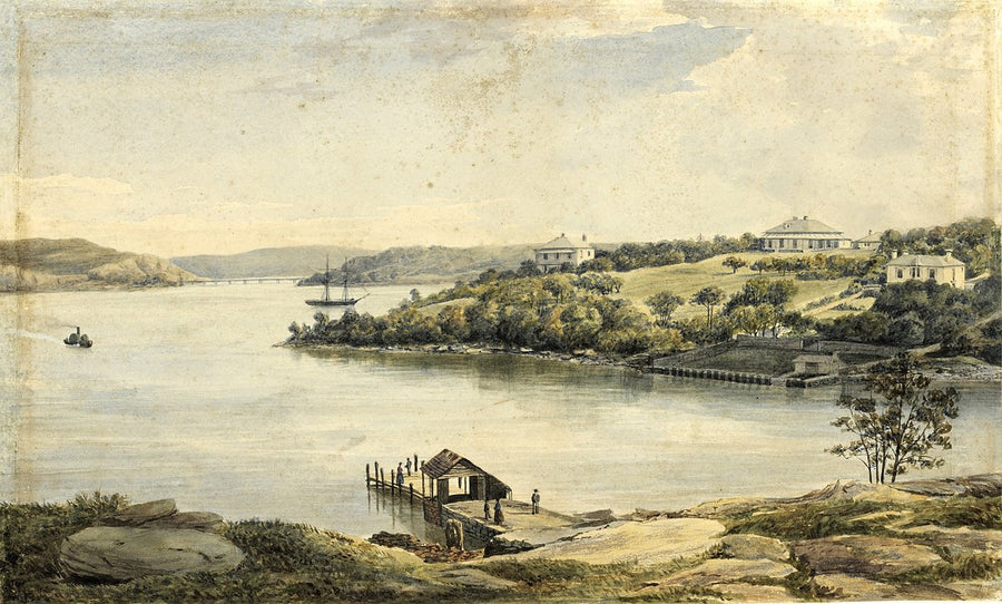 Johnstons Bay and the Balmain villas, watercolour by George F. Halsted — illustration, from Balmain, 1865–70