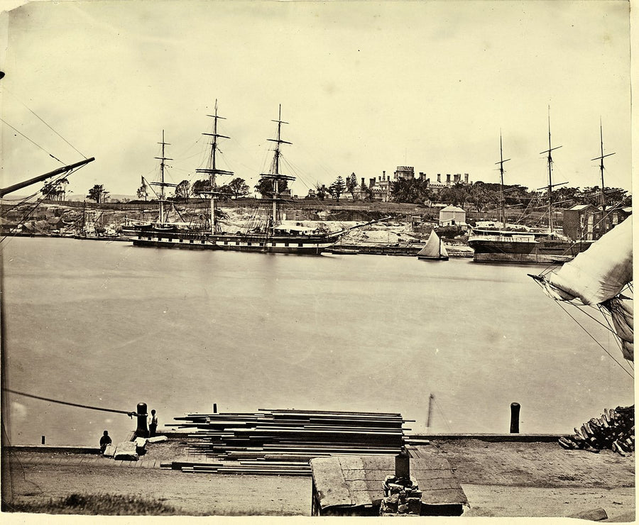 Sailing ships berthed at East Circular Quay with Government House beyond — photograph, from Sydney CBD, 1870