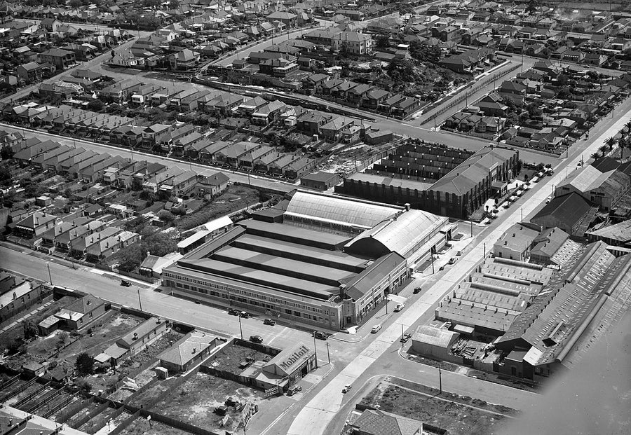 Sawtooth-roofed factory among terraced streets, aerial view — photograph, from Marrickville, 1940s