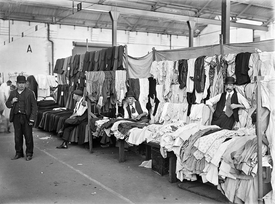 Second-hand clothing stalls at the City Markets, Haymarket — photograph, from Paddy's Markets, c. 1911–16