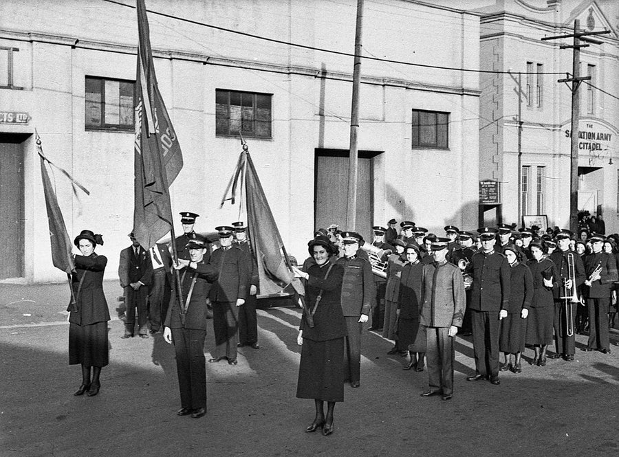 Salvation Army flag bearers and band outside the Newtown citadel — photograph, from Newtown, 1942