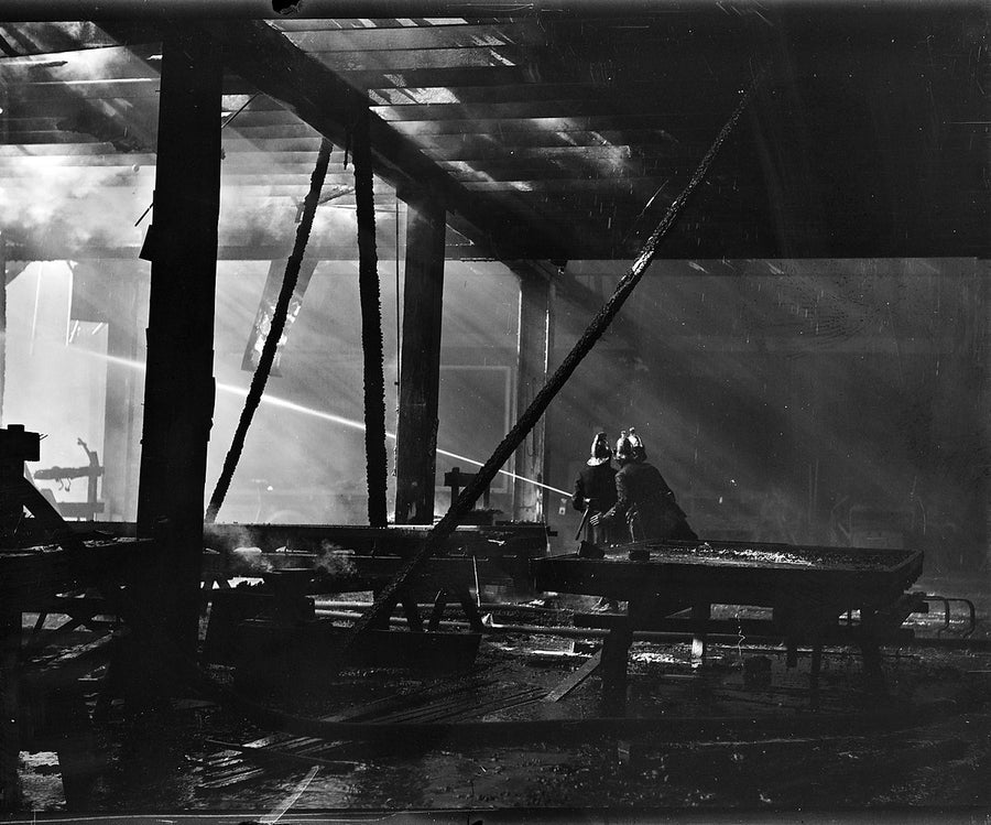 Firefighters at the Bryden & Peters fire, Phillip Street, Redfern — photograph, from Phillip Street, 1934