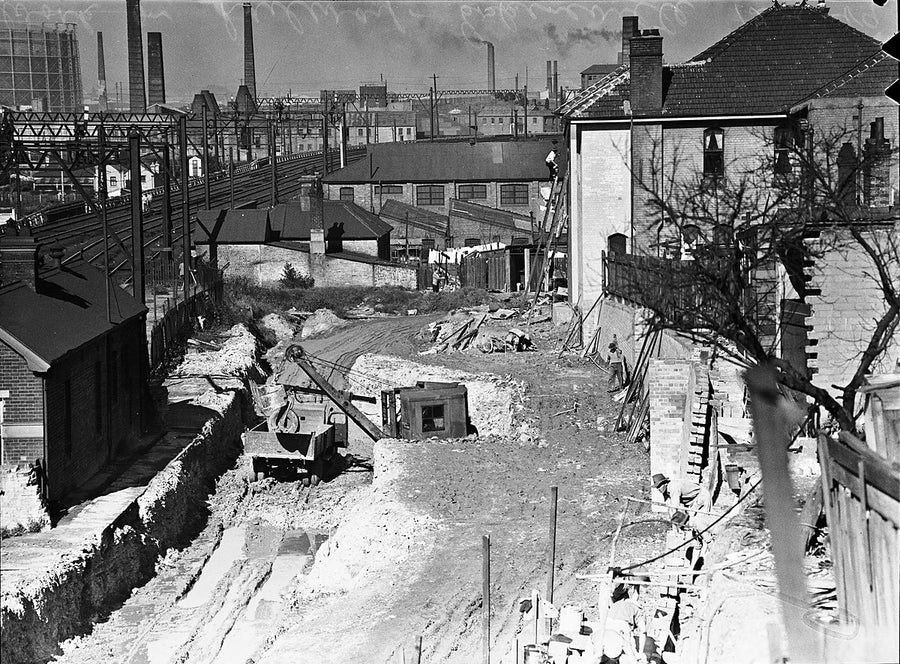 Excavation alongside the railway corridor, Erskineville — photograph, from Erskineville, 1938