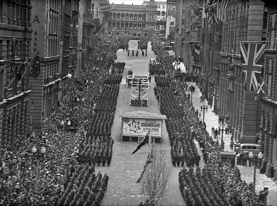 Peace celebration march through central Sydney — photograph, from Sydney, 1945