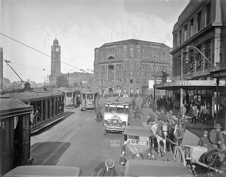 Traffic at Railway Square with Central Station clock tower — photograph, from Chippendale, c. 1927–29