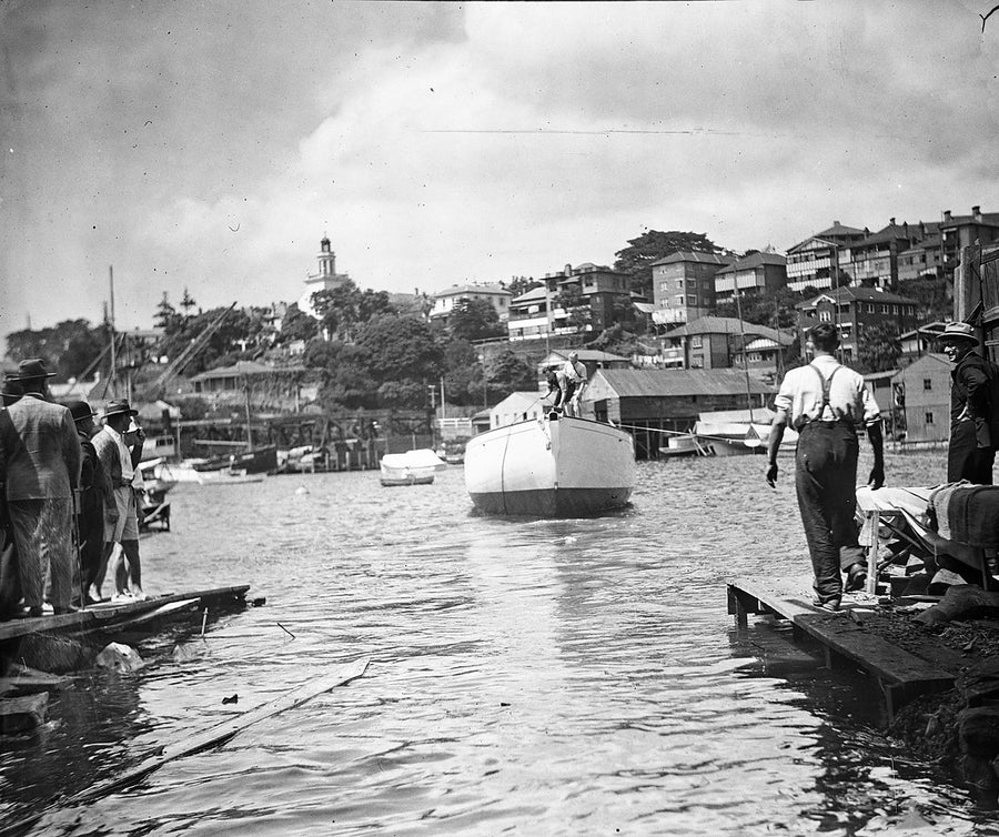 Launching a vessel at Careening Cove, Sydney Harbour — photograph, from Careening Cove, 1935
