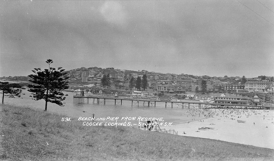 Coogee Beach and Pier from the reserve, looking south — photograph, from Coogee Beach, c. 1928–32