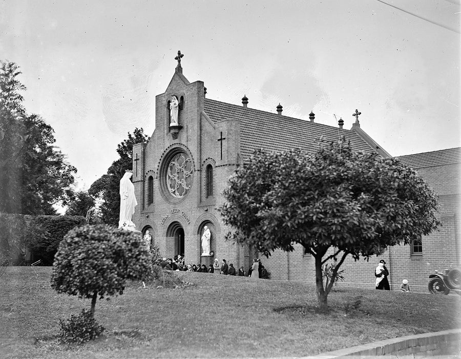 Carmelite Convent chapel, Marrickville, with crowd gathered for a jubilee — photograph, from Marrickville, c. 1930–34