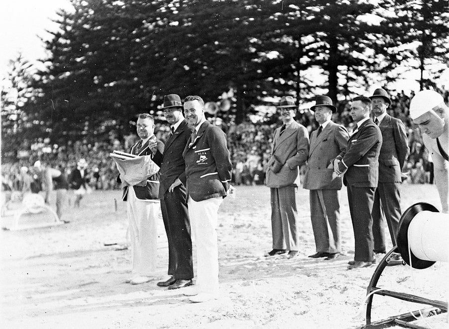 Surf life saving officials with Adrian Curlewis at Manly Beach — photograph, from Manly Beach, 1934