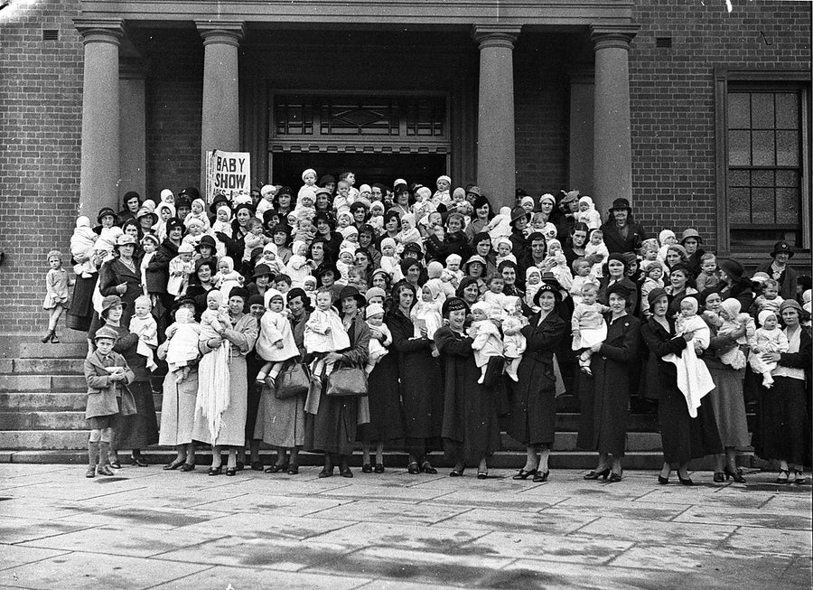 Baby show gathering on the steps of Marrickville Town Hall — photograph, from Marrickville Town Hall, 1934