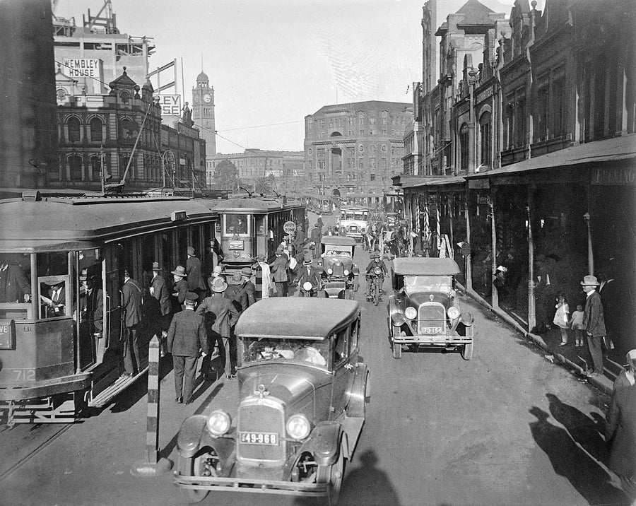 Trams and traffic at Railway Square, Sydney — photograph, from Chippendale, c. 1927–29