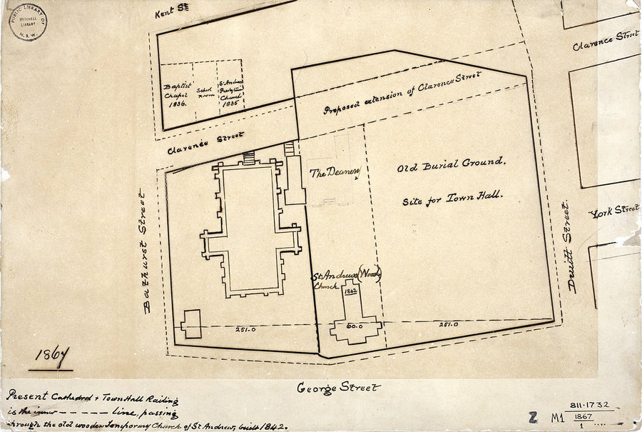 Proposed Sydney Town Hall site and old burial ground — map, from Sydney CBD, 1867