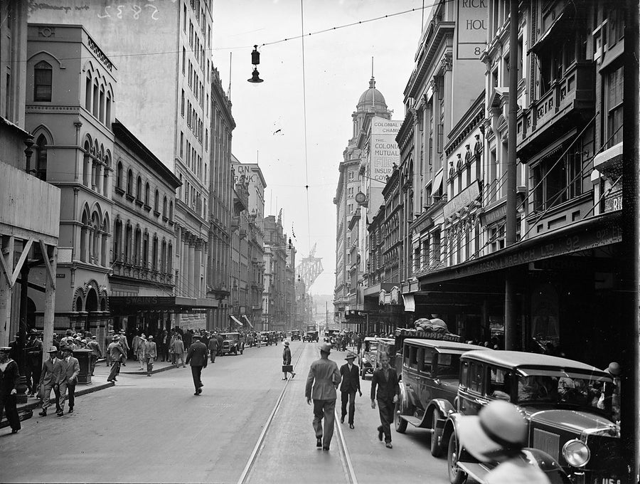 Pitt Street, Sydney, below the signboards of Rickard House — photograph, from Australian Business & Conference Travel House, 1928–29