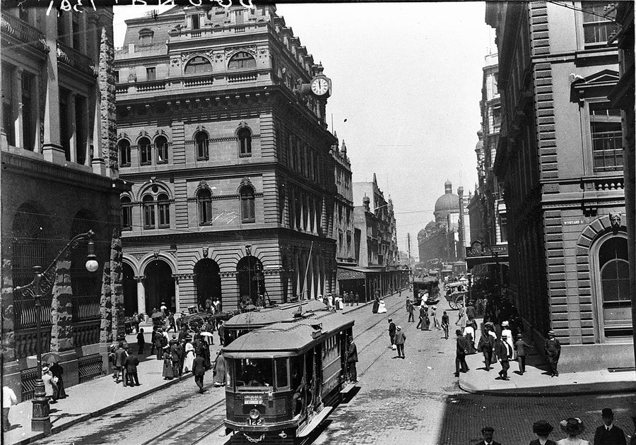 Trams on George Street near Martin Place, Sydney — photograph, from George Street, c. 1910