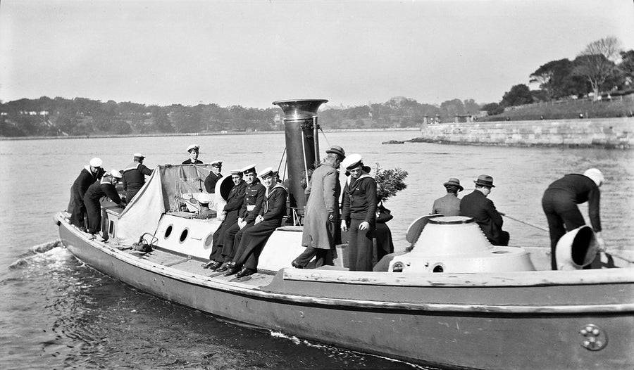 Sailors aboard a steam launch, Sydney — photograph, from Sydney, c. 1880–1920