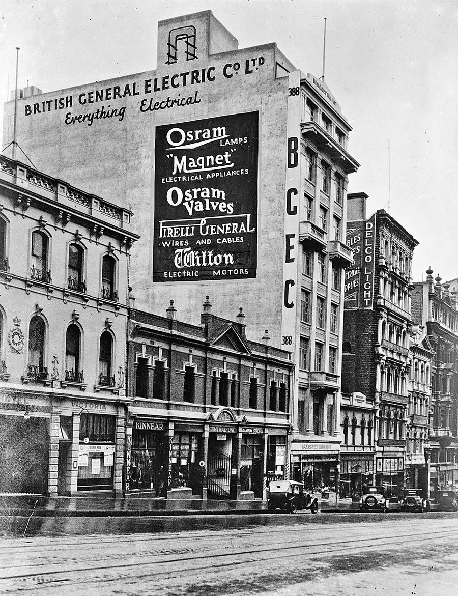 British General Electric Co. Ltd wall signage, Sydney city street — photograph, from Sydney, c. 1910–35