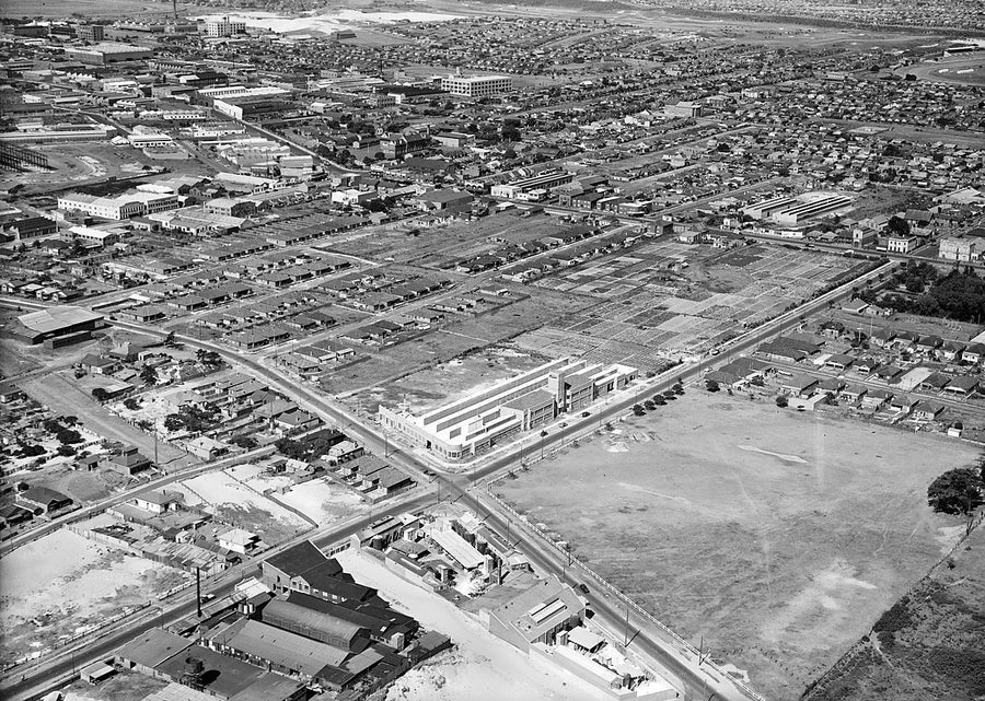 Factory precinct and market gardens from the air, Mascot district — photograph, from Mascot, 1940s