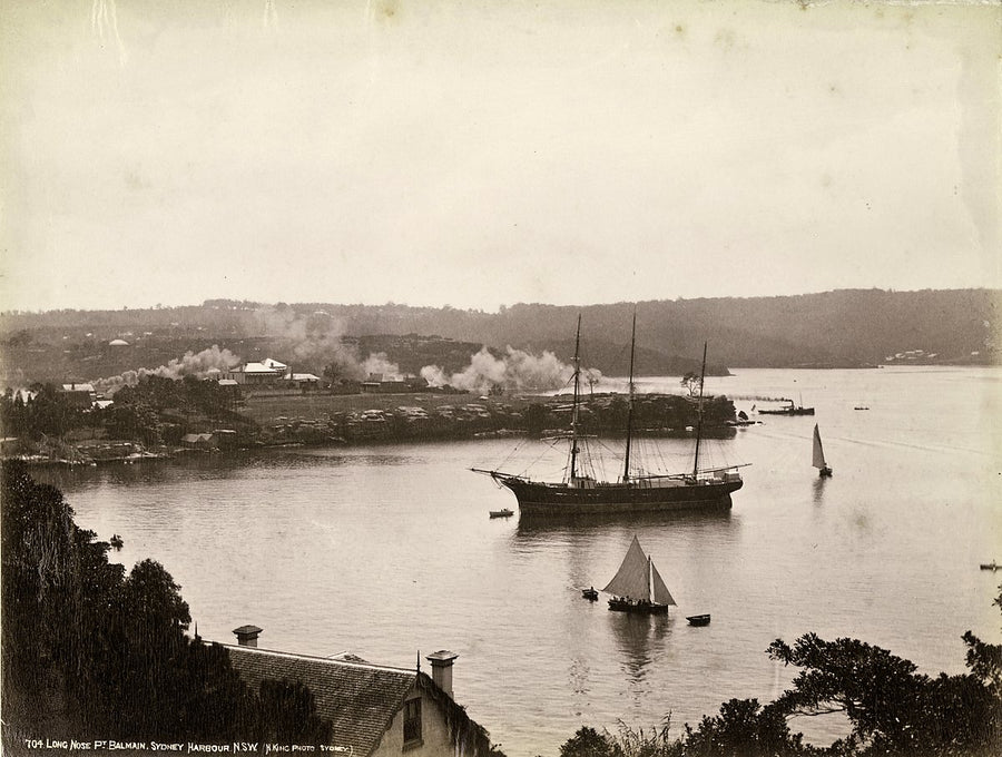 Sailing ships at anchor off Long Nose Point, Balmain — photograph, from Yurulbin Point, c. 1880–90