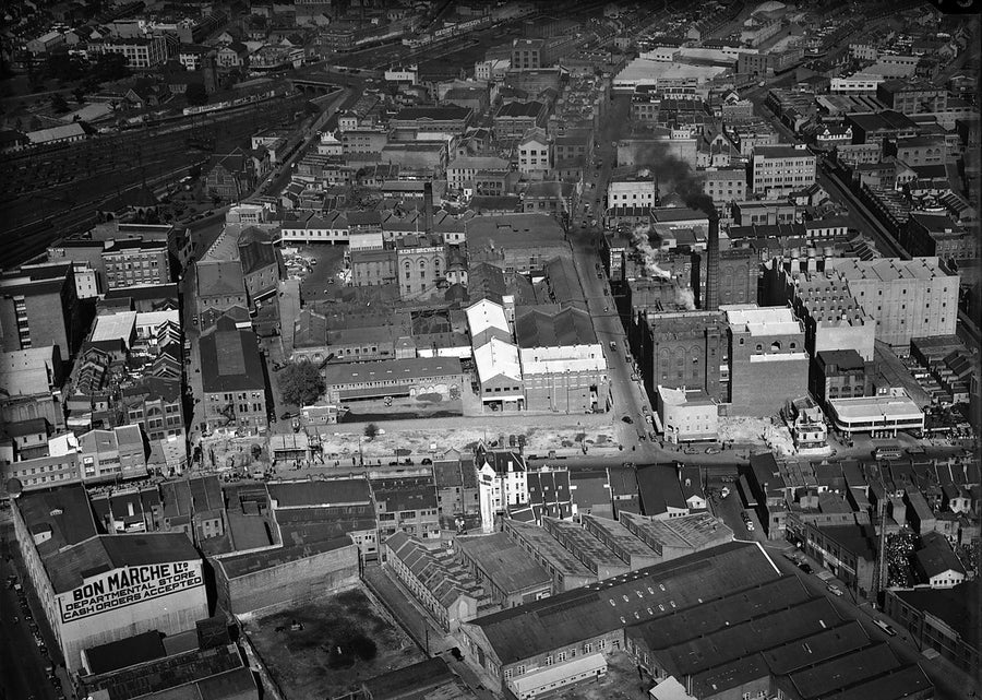 Bon Marché department store from the air, Sydney — photograph, from Chippendale, c. 1940
