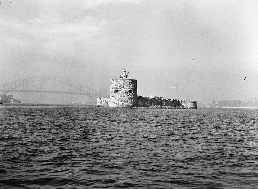 Fort Denison with the Sydney Harbour Bridge behind — photograph, from Potts Point, c. 1950