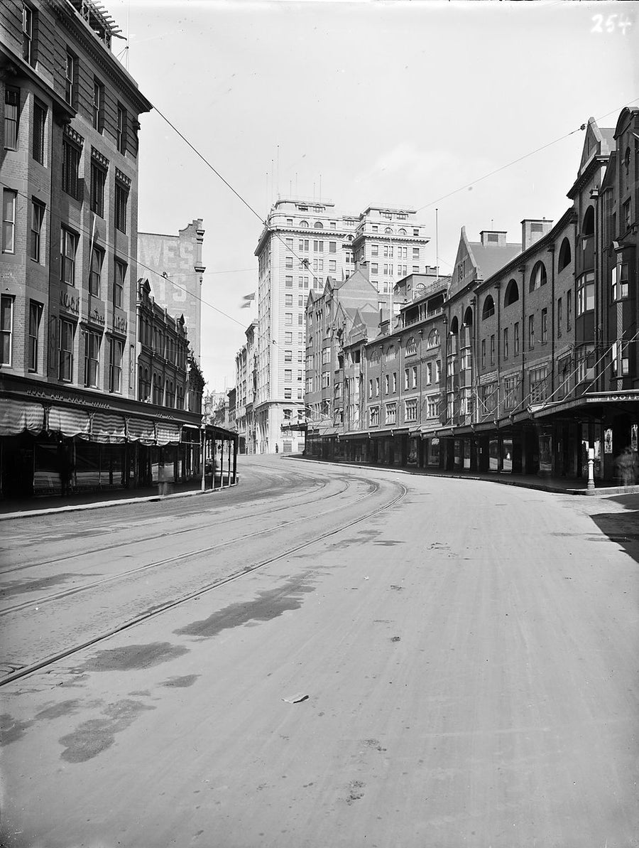 Tram tracks curving through a Sydney street — photograph, c. 1924–27