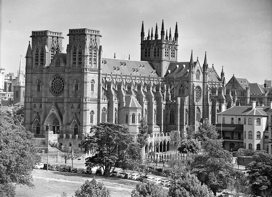 St Mary's Cathedral without its spires, Sydney — photograph, from St Mary's Cathedral, c. 1920–53
