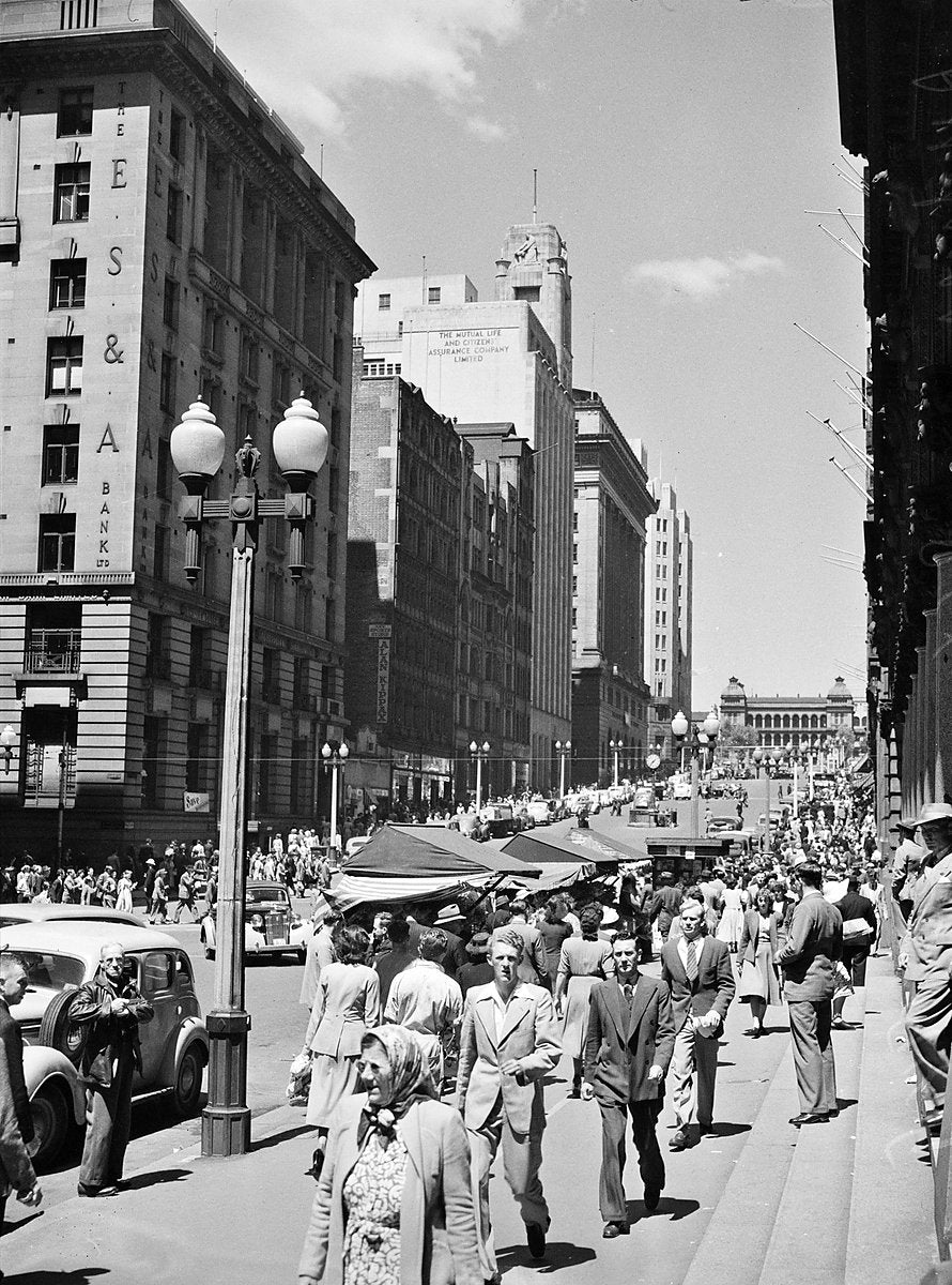 Market stalls and pedestrians along Martin Place — photograph, from Martin Place, 1949