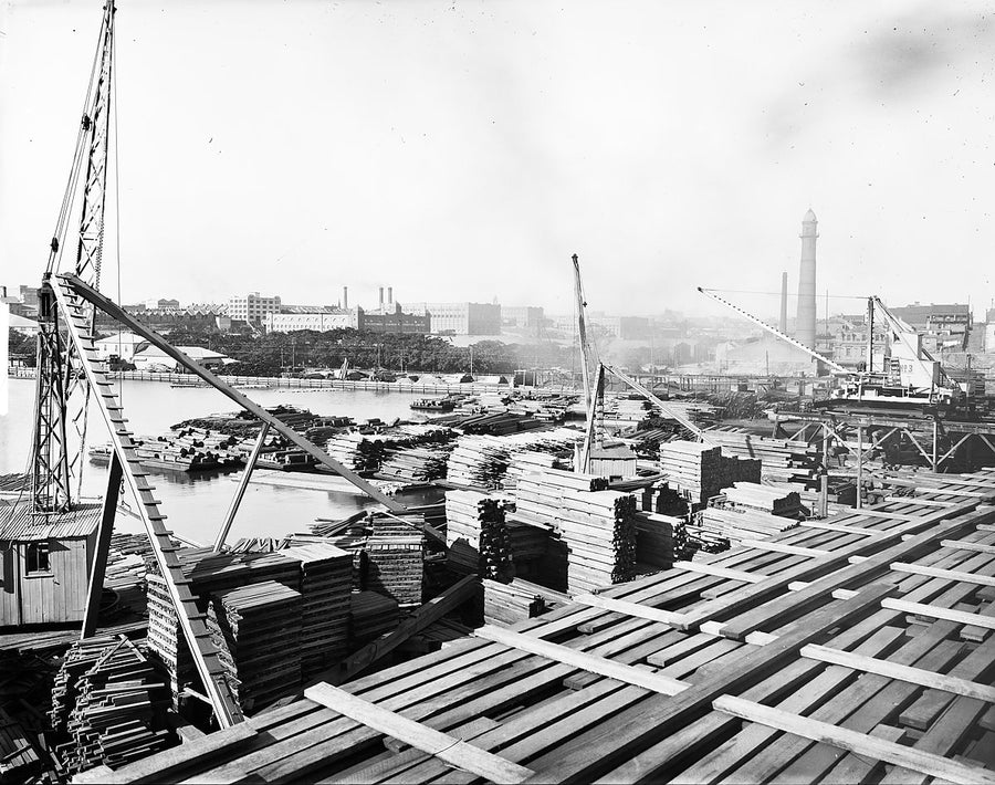Stacked timber and cranes at Hudson's Timber Yard, Blackwattle Bay — photograph, from Sydney Secondary College Blackwattle Bay Campus, c. 1920–25