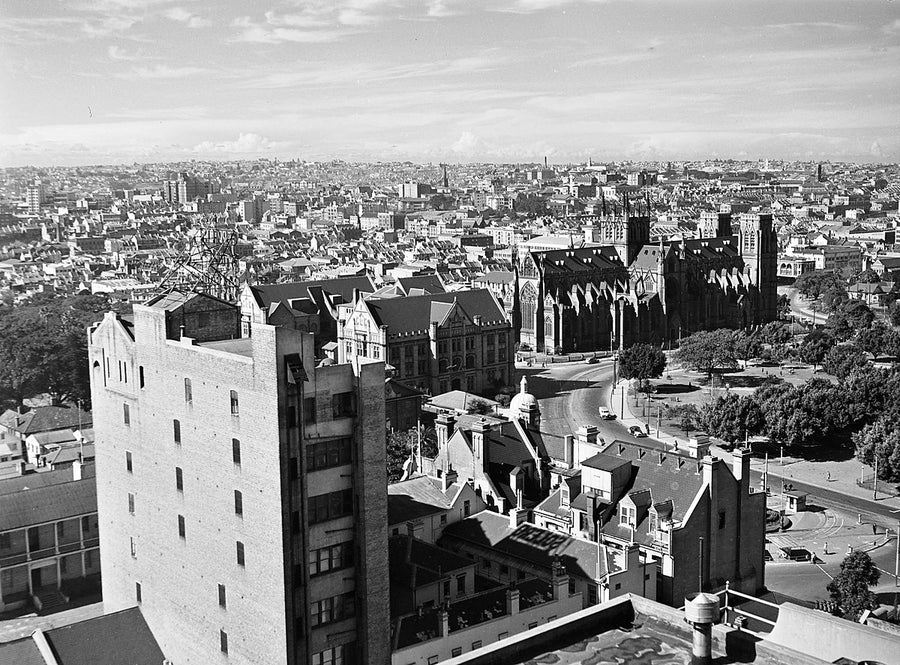 St Mary's Cathedral and Sydney rooftops — photograph, from St Mary's Cathedral, 1951