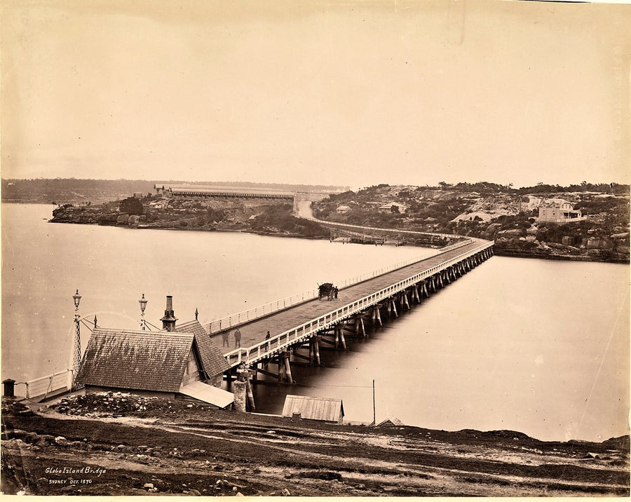 Glebe Island Bridge, timber trestle crossing to the abattoirs — photograph, from Pyrmont, 1870