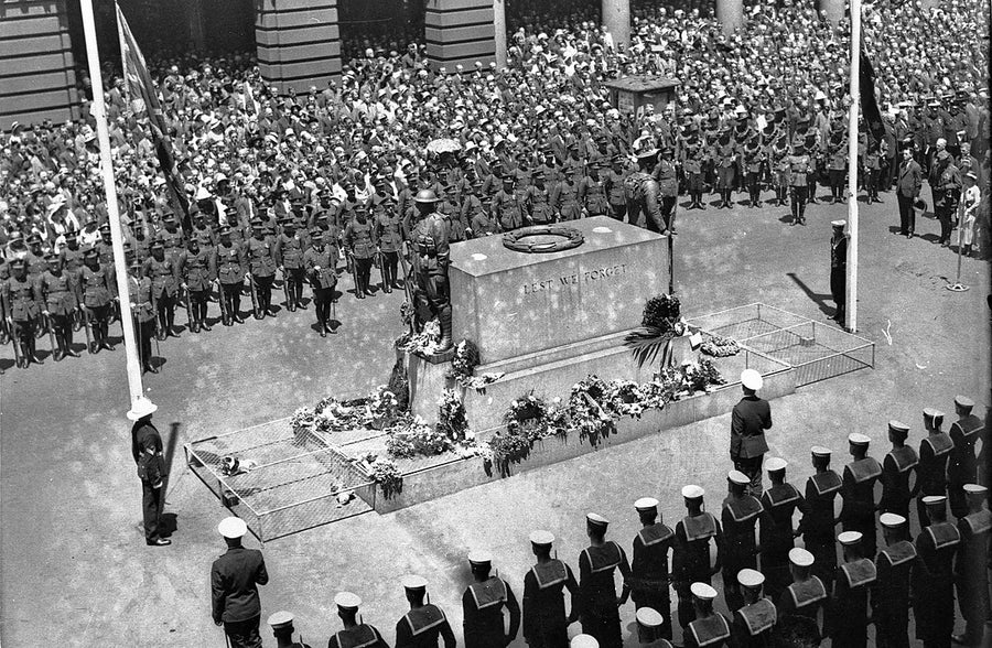 Anzac Day service at the Cenotaph, Martin Place — photograph, from The Cenotaph War Memorial, c. 1930s