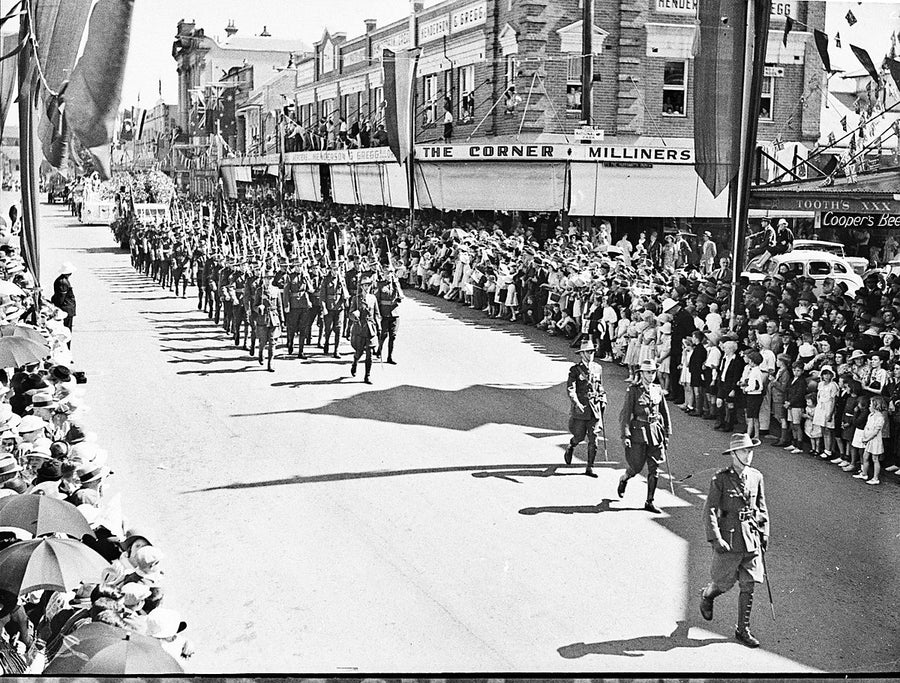 Sesquicentenary military parade past The Corner Milliners, Parramatta — photograph, from Parramatta, 1938