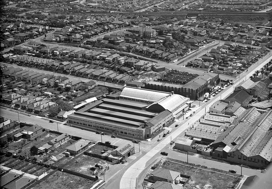 Factory complex among terraced streets, Marrickville — photograph, from Marrickville, 1940s