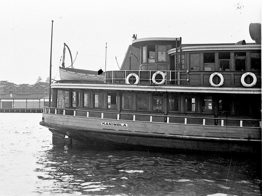 Sydney ferry Kanimbla berthed at a harbour wharf — photograph, from Sydney, 1934